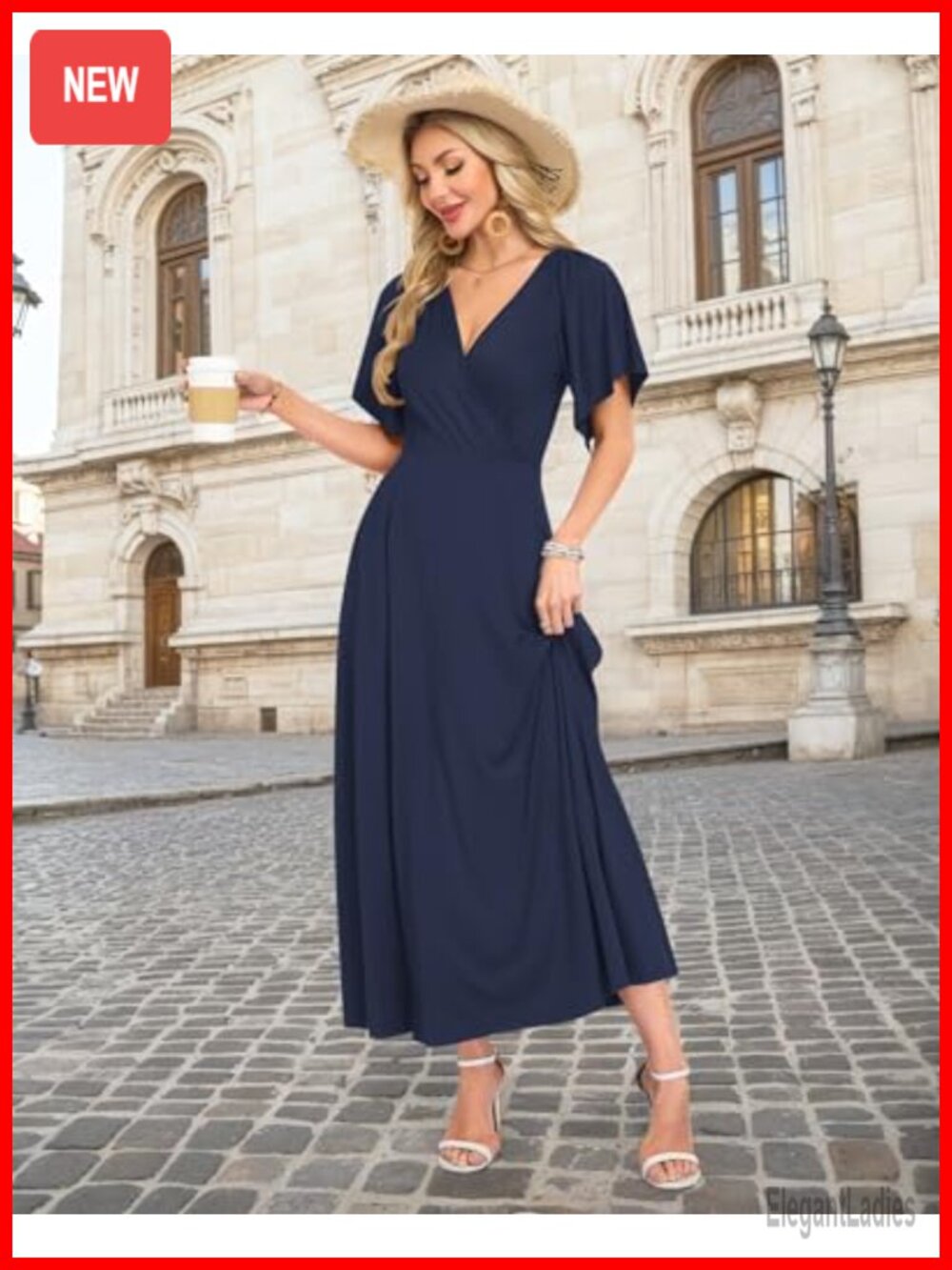 Women's Ruffle Sleeve V Neck Maxi Wrap Dress with Pockets